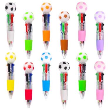 Imagem de LiYiQ 12 canetas multicoloridas de futebol em um desenho animado fofas divertidas 4 em 1 canetas esferográficas kawaii em formato de futebol para crianças presentes divertidos