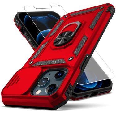 Imagem de YZOK Capa para iPhone 12 Pro Max, com capa de lente de câmera HD protetor de tela, [grau militar] anel suporte de carro suporte híbrido rígido PC macio TPU à prova de choque capa protetora para iPhone 12 Pro Max-vermelho