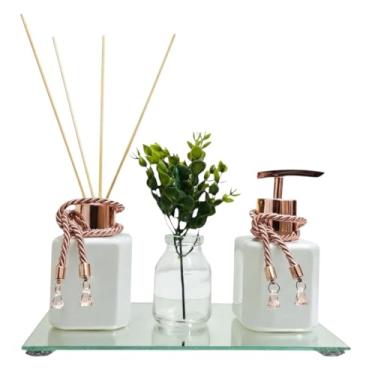 Imagem de Kit Completo Rose Gold Banheiro Lavabo Frasco Pet Difusor e Saboneteira 200ml + Bandeja Vaso Planta(Branco c/Rosé)