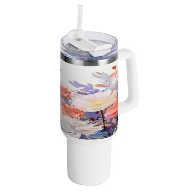 Imagem de xigua Copo vintage de flores silvestres de 1,134 g com alça e canudo, aço inoxidável duplo isolado a vácuo garrafa de água suporte de copo de garrafa de água amigável à prova de vazamento copo de