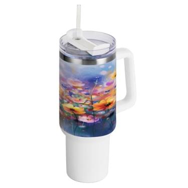 Imagem de xigua Copo vintage de flores silvestres de 1,134 g com alça e canudo, aço inoxidável duplo isolado a vácuo garrafa de água suporte de copo de garrafa de água amigável à prova de vazamento copo de