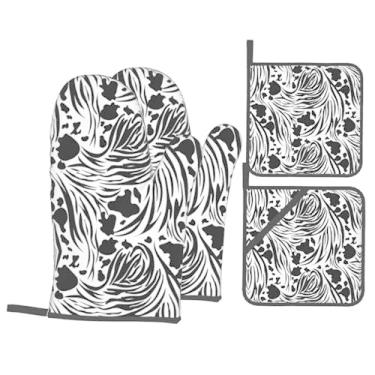 Imagem de Conjunto de luvas de cozinha com estampa de zebra de vaca com suportes de tampa, luvas de forno resistentes ao calor para manusear panelas quentes, grelhar, churrascos, kit de 4 peças.