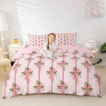 Imagem de Erosebridal Capa de edredom de Natal rosa king rosa com laço e laço de Natal para crianças, meninos, meninas, folhas verdes, conjunto de cama com listras geométricas