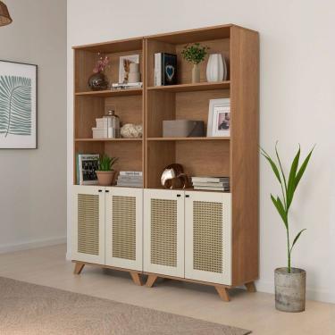 Imagem de Estante Multiuso 4 Portas 8 Prateleiras Trama Cor Cinamomo/Off White - Pnr Móveis