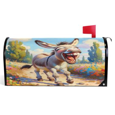 Imagem de TSENQUE Bonito burro sorrindo animal decorativo capas de caixa de correio magnética outono caixa de correio envoltório vinil à prova de intempéries decoração de caixa de correio de férias tamanho
