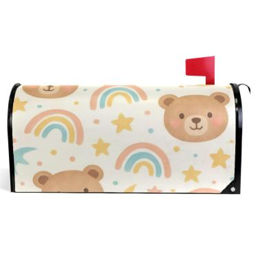 Imagem de TSENQUE Urso fofo arco-íris bege capas decorativas caixa de correio magnética outono caixa de correio vinil à prova de intempéries decoração de caixa de correio tamanho grande 64,5 x 52,8 cm