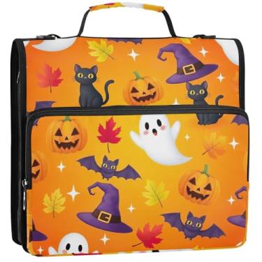 Imagem de Pastas de Halloween Cats Pumpkins de 3 cm com 3 anéis, organizador de zíper resistente, bolsa de fichário para ensino médio com alça de armazenamento, pasta de portfólio com alça, 34,5 x 31,5 x 9 cm