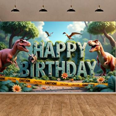 Imagem de Tema de aniversário de dinossauro, tema de festa jurássica, aniversário pré-histórico, celebração de dinossauros, faixa de celebração pré-histórica, design de letras 3D para amantes de dinossauros