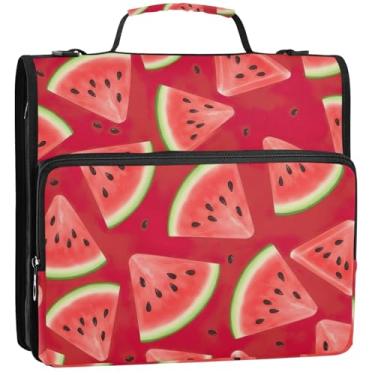 Imagem de 3 argolas para fichários de 3,8 cm com 3 anéis, fatia de melancia, pasta vermelha com zíper, bolsa organizadora para fichários escolares com alça de ombro, suporte para 500 folhas, 34,5 x 31,5 x 9 cm