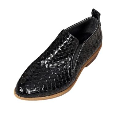 Imagem de Tênis feminino versátil moderno casual versátil de um pé confortável pontiagudo grande salto grosso pequeno sapatos de couro, Preto, 34