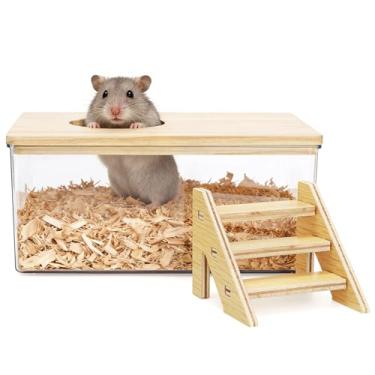 Imagem de Coloch Caixa de banho de areia para hamster com capa de madeira, recipiente retangular transparente para hamster com escada de escalada multifuncional de plástico porquinho-da-índia banheiro para