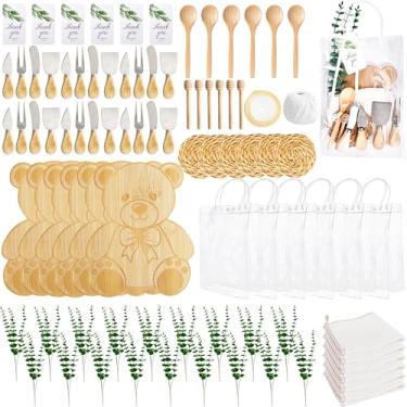 Imagem de 86 peças de prêmios de chá de bebê para vencedores de jogos, conjunto com 6, incluindo tábua de queijo em forma de urso, espalhadores de manteiga, toalha de cozinha, cartão de agradecimento, colher