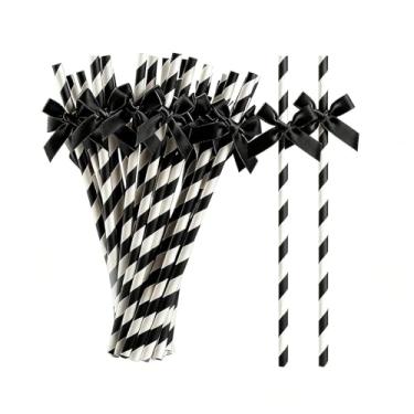 Imagem de 20 peças de canudo preto, gravatas borboleta descartáveis canudos decorativos para coquetel, canudo de papel fofo biodegradável de 19,6 cm, aniversário, piquenique, casamento, suprimentos de festa