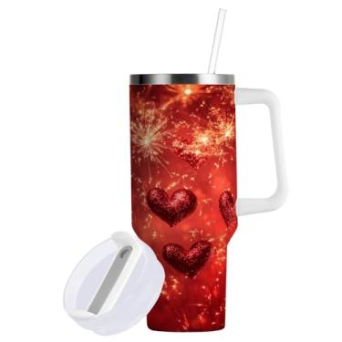 Imagem de ATTX Copo de fogos de artifício dos namorados de 850 g com alça - Caneca de viagem de aço inoxidável isolada a vácuo, xícara de café à prova de vazamento com canudo #528