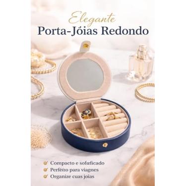 Imagem de Elegante Porta-Jóias Redondo com Espelho, Compacto e Sofisticado, Perfeito para Viagens, Organizador de Joias