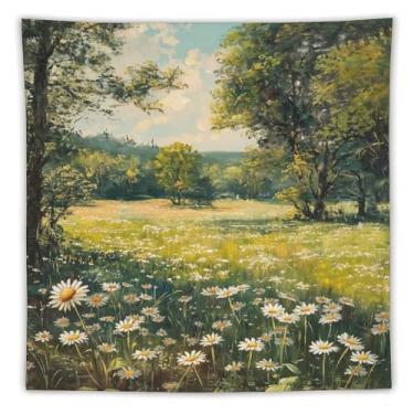 Imagem de Tapeçaria de jardim de primavera, pintura a óleo margarida prado, decoração floral com árvores verdes iluminadas pelo sol para sala de estar, quarto, decoração encantadora de arte da natureza sazonal