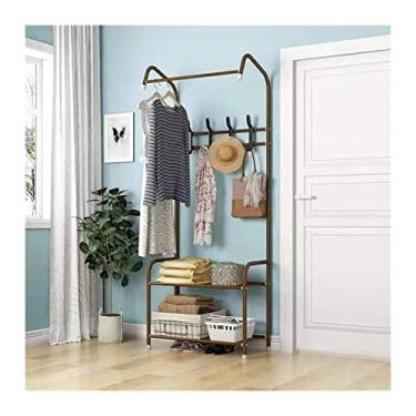 Imagem de pcagfaajmh Cabideiro independente para roupas removível para pendurar no quarto cabideiro, cabide para roupas, prateleira de armazenamento, suporte de chapéu, cabide de madeira, metal, C