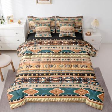 Imagem de Erosebridal Conjunto de edredom queen asteca branco, marrom, azul, 7 peças | Conjunto de cama caubói tribal do sudoeste em uma bolsa, boêmio, casa de fazenda, para adultos