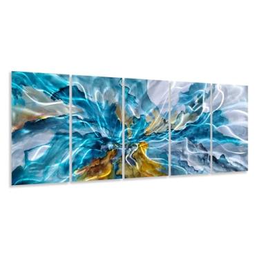 Imagem de Yihui Arts Arte de metal de flor abstrata - Escultura de parede feita à mão em alumínio azul, prata e amarelo para decoração de casa moderna e contemporânea