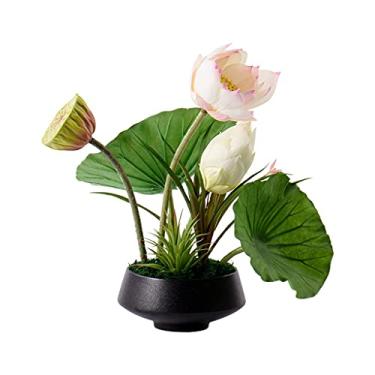 Imagem de DJVHSRI Flores artificiais, flores artificiais, plantas verdes de lótus falsas, ornamentos de bonsai, buquês de flores de seda, estilo chinês, sala de estar, hotel, decoração de mesa de centro