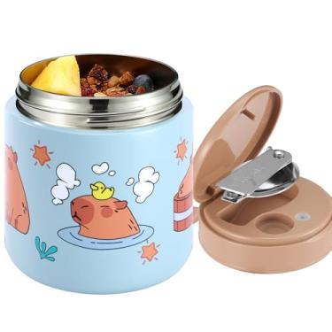 Imagem de Pote térmico infantil de 440 ml – Lancheira térmica de aço inoxidável com alça e colher dobrável, pote térmico infantil quente e frio para meninos lancheira escolar (azul capivaras)