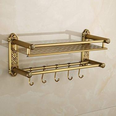 Imagem de CGKs6anmU Toalheiro de banho de camada dupla de cobre estilo europeu toalheiro com prateleira de toalha de fileira dupla para banheiro acessórios de banheiro antigos montados na parede (60 cm de