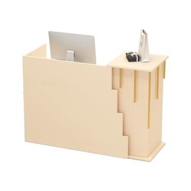 Imagem de Mesa de recepção com balcão, balcão frontal com gaveta com trava, mesa de computador de escritório com grande armário de armazenamento, balcão de recepção para loja de roupas de conveniência (amarelo