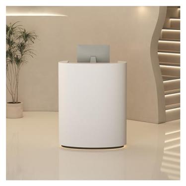 Imagem de Mesa de balcão de recepção, caixa moderna com gavetas, mesa de recepção de computador pequena com luzes LED, balcão de recepção de salão para loja de hotel (branco + preto)
