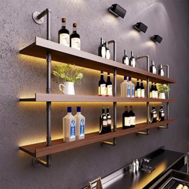 Imagem de Rack de vinho industrial montado na parede com luzes LED/borad de madeira, prateleira de exibição de garrafa de licor, prateleiras de garrafas rústicas, multifuncional, suporte de parede para