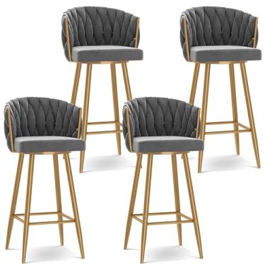 Imagem de Banquetas de bar giratórias modernas de 360°, cadeiras de cozinha estofadas de altura de bar com pernas de aço e apoio para os pés, perna dourada cinza, 4 peças
