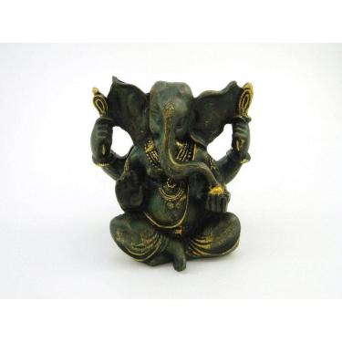 Imagem de Estátua Ganesha Sentado Verde E Dourado Resina 12 Cm