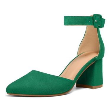 Imagem de mysoft Sapato feminino de bico fino, salto grosso, bico fechado, tira no tornozelo, sapato tipo escarpim – Disponível em tamanhos amplos, Camurça verde, 37