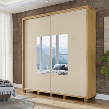 Imagem de Guarda-roupa Casal Monte Carlo com 2 Portas de Correr com Espelho e 4 Gavetas Internas e Maleiros Cinamomo/ Off White