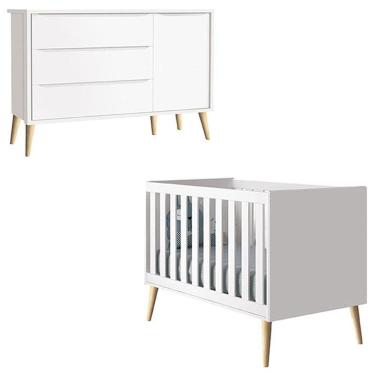 Imagem de Berço Americano e Cômoda com Porta Infantil Theo Branco Acetinado Pés Madeira Natural – Reller
