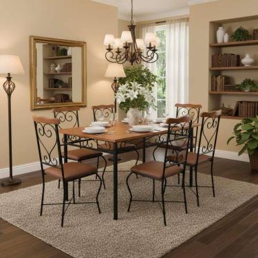 Imagem de Sala de Jantar Elegância Rústica 6 Lugares Mesa em Madeira Maciça com Cadeiras em Couro Sintético