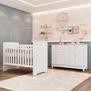 Imagem de Quarto Bebê Berço Americano 3 em 1 Gabrielle Cômoda Infantil Fraldário Taís 100% MDF Branco Carolina Baby