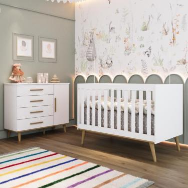 Imagem de Quarto Bebê Retrô Ludmila Berço Americano 3 em 1 Cômoda Infantil Fraldário 100% MDF Branco Carolina Baby