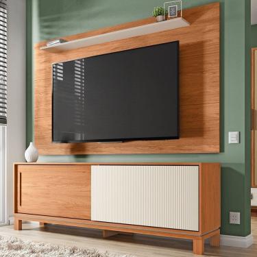 Imagem de Rack com Painel Tv até 65 Polegadas 190cmx179,2cm e Acabamento Microripado 2 Portas de Correr Flora Freijó/Off White