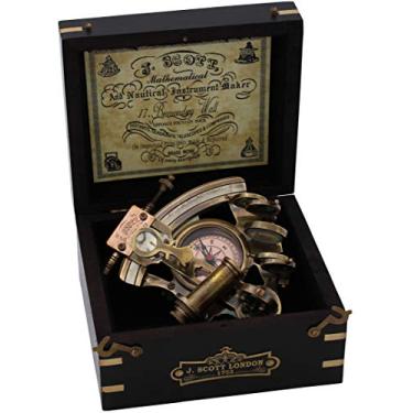 Imagem de US HANDICRAFTS Bússola embutida de sextante de latão astrolabe feito à mão com caixa de madeira.