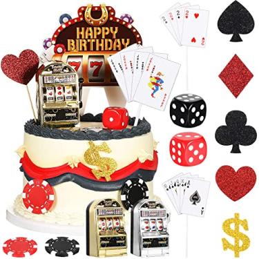 Imagem de Conjunto de 21 peças de decoração de bolo de cassino inclui mini máquina de brinquedo de pôquer topo de bolo de cassino Toppers de cupcake Casino Toppers de bolo de feliz aniversário Dados de fichas de pôquer para festas temáticas de cena de Las Vegas