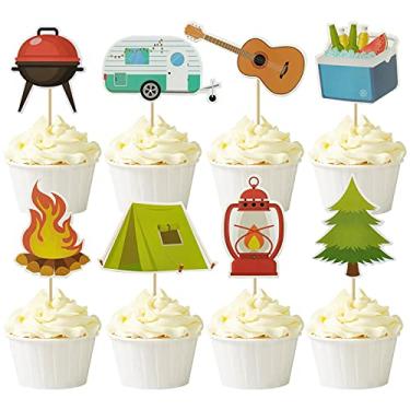 Imagem de Mulukaya 24 pçs Happy Camper Cupcake Toppers Tent Bonfire Guitar Camping Cake Picks for Summer Camping Picnic Weekend Birthday Party Cake Decoration Supplies