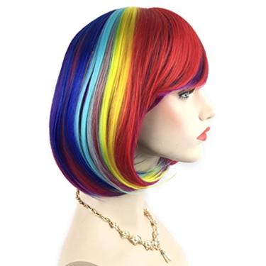 Imagem de Perucas Rainbow Bob e um boné de peruca - Perucas femininas curtas retas multicoloridas cosplay - Confortáveis, respiráveis e duráveis - Rede rosa; wig007A