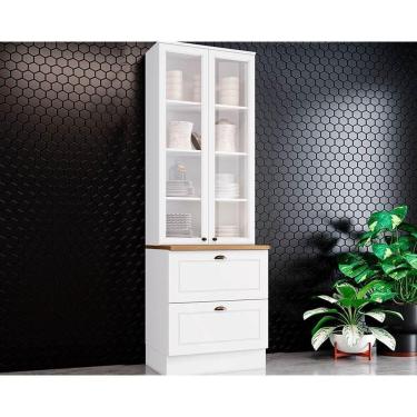 Imagem de Paneleiro De Cozinha Modulado Cristaleira Americana C/ 2 Portas (2 C/vidro) C/ 2 Gavetas 71.5cm Branco/nature - Henn
