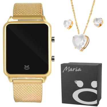 Imagem de Kit relogio feminino digital led dourado silicone colar