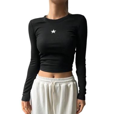 Imagem de COZYEASE Camiseta feminina Y2K Star Graphic Crop Tops gola redonda manga longa camiseta de malha slim fit, Preto, G