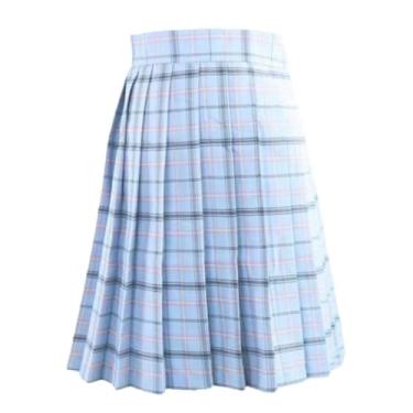 Imagem de AteecO Saias de cintura de verão uniforme escolar saia rosa branca curta, Grade azul celeste, 4X-Large