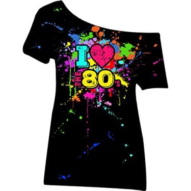 Imagem de Geyoga Roupas femininas dos anos 80 plus size I Love The 80's Costumes 80s ombro de fora camiseta tops roupas neon grandes, Preto, G