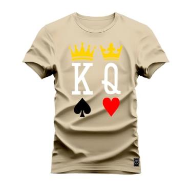 Imagem de Camiseta Plus Size Algodão Estampada Premium Rei Rainha Bege G3