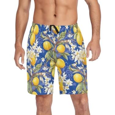 Imagem de CHIFIGNO Calças de pijama masculinas, shorts de pijama para dormir, shorts de treino com bolsos e cordão, Estilo siciliano, flores brancas, limões amarelos, P
