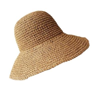 Imagem de Chapéu de palha feminino verão chapéu de sol viseira chapéu bucket boné praia Strawhat, Caqui, 55-59